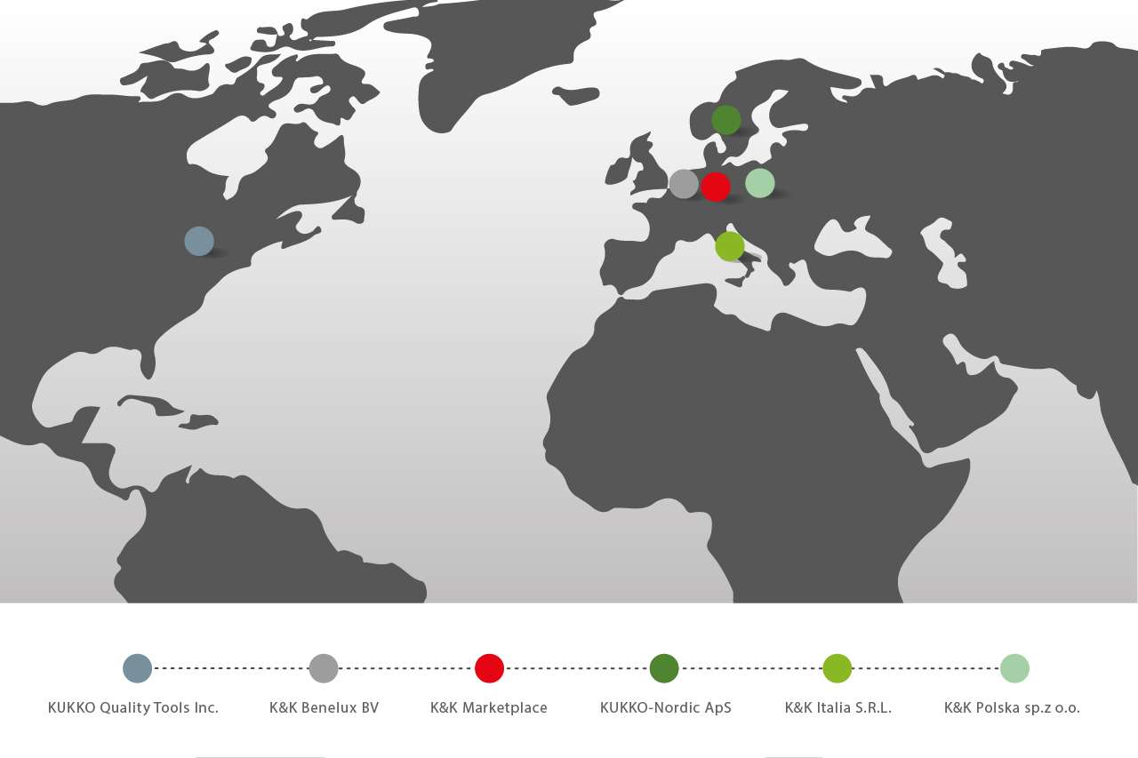 Eine Weltkarte mit markierten KUKKO Standorten